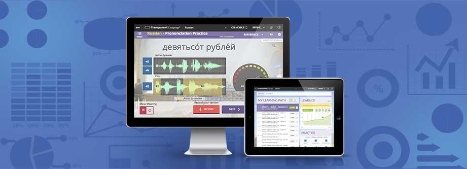 Language learning software on a computer and tablet Language learning software on a computer and tablet